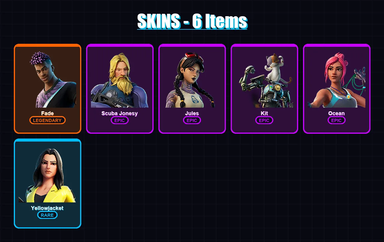 [SWITCH/XBOX/PSN/PC] | Fade | Scuba Jonesy | Jules | Kit | Ocean | 6 skin | 9 pickaxe | 11 emote | 12 glider | Lv155