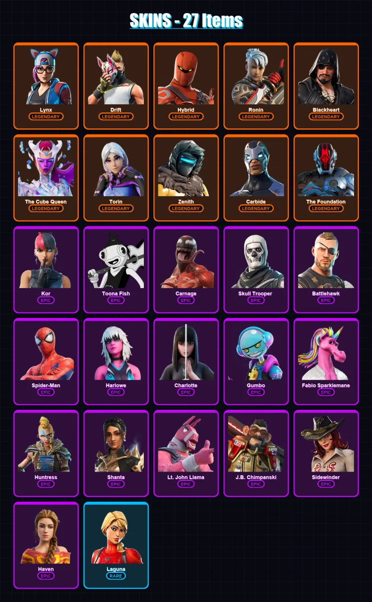 [PS4/PS5/XBOX/PC] | Lynx | Drift | Hybrid | Ronin | Blackheart | 27 skin | 35 pickaxe | 32 emote | 32 glider | Lv525