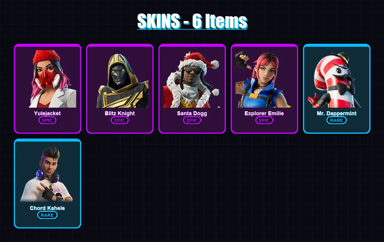 [PC/XBOX] | Yulejacket | Blitz Knight | Santa Dogg | Explorer Emilie | Mr. Dappermint | 6 skin | 33 pickaxe | 12 emote | 21 glider | Lv239