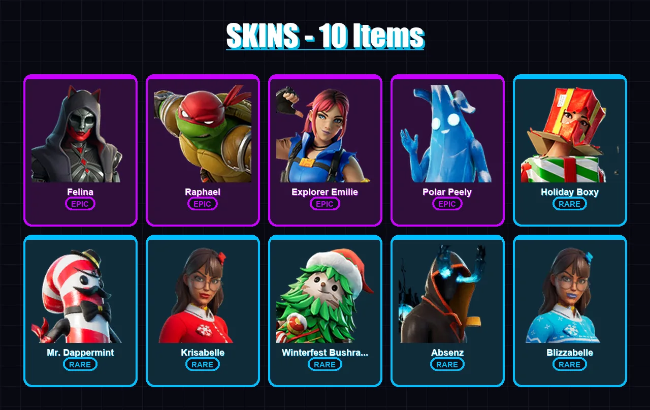 [PC/PSN] | Felina | Raphael | Explorer Emilie | Polar Peely | Holiday Boxy | 10 skin | 27 pickaxe | 15 emote | 18 glider | Lv252