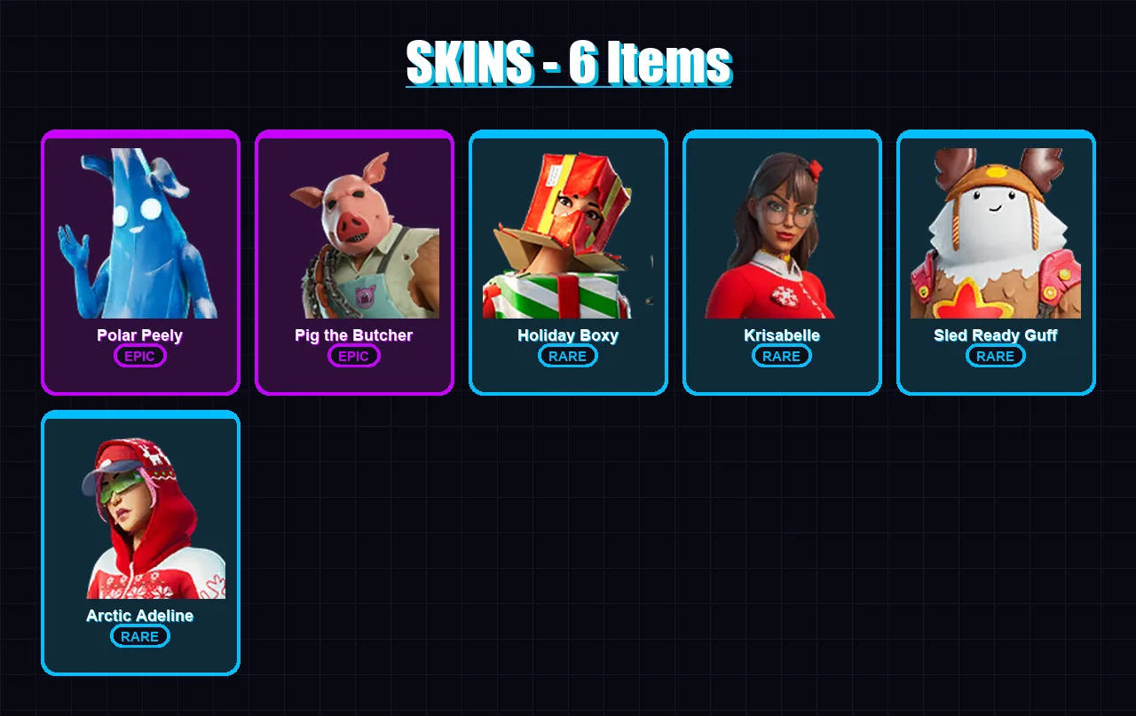 [PS4/PS5/XBOX/PC] | Polar Peely | Pig the Butcher | Holiday Boxy | Krisabelle | Sled Ready Guff | 6 skin | 29 pickaxe | 20 emote | 25 glider | Lv285
