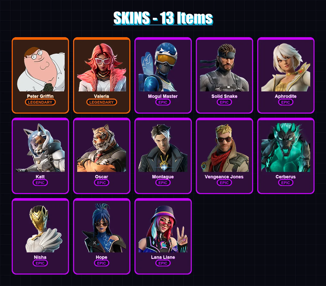 [PC/XBOX/PSN] | Peter Griffin | Valeria | Mogul Master | Solid Snake | Aphrodite | 13 skin | 14 pickaxe | 13 emote | 12 glider | Lv143