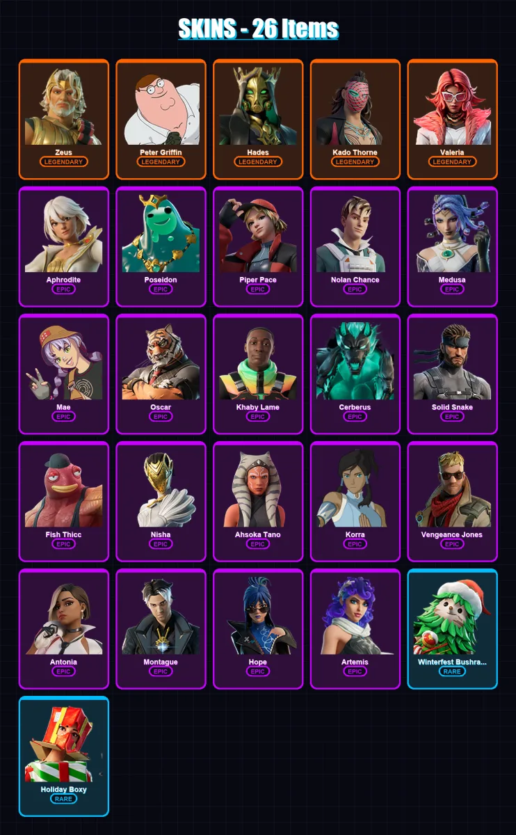 [SWITCH/XBOX/PSN/PC] | Zeus | Peter Griffin | Hades | Kado Thorne | Valeria | 26 skin | 45 pickaxe | 39 emote | 44 glider | Lv779 — Fortnite account