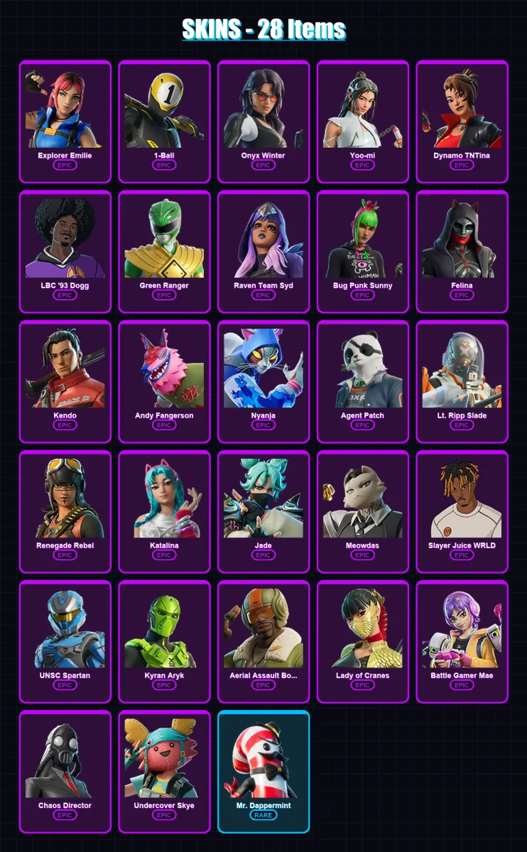 [PC/PSN] | Explorer Emilie | 1-Ball | Onyx Winter | Yoo-mi | Dynamo TNTina | 28 skin | 46 pickaxe | 27 emote | 26 glider | Lv262 — Fortnite account