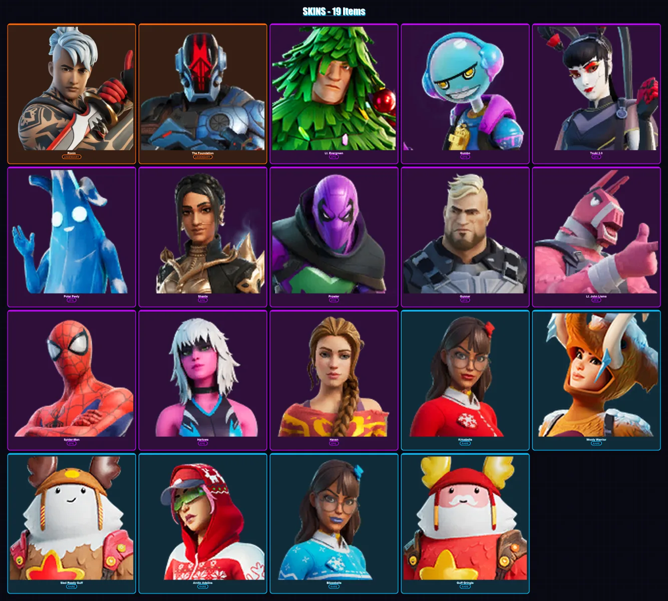 [PC/XBOX/PSN] | Ronin | The Foundation | Lt. Evergreen | Gumbo | Tsuki 2.0 | 19 skin | 39 pickaxe | 36 emote | 39 glider | Lv814