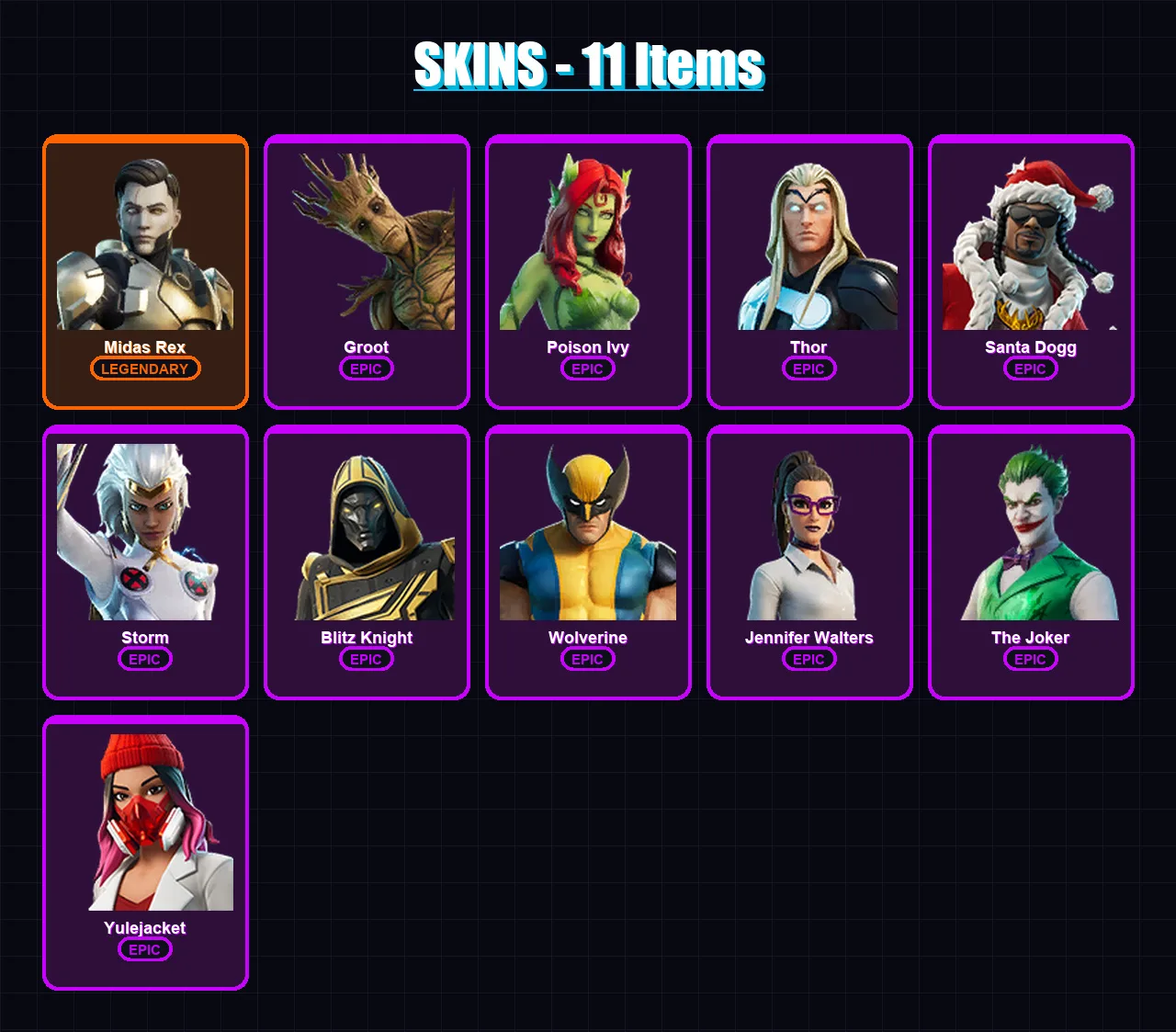 [PC/XBOX/PSN] | Midas Rex | Groot | Poison Ivy | Thor | Santa Dogg | 11 skin | 21 pickaxe | 8 emote | 18 glider | Lv144