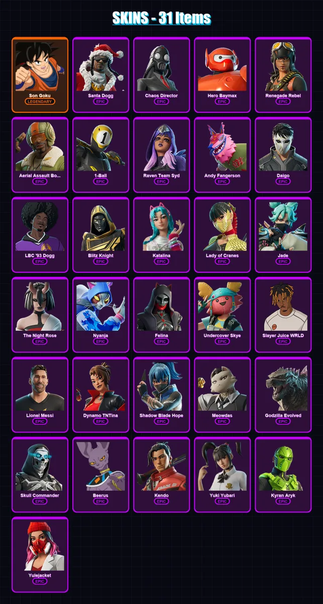 [PC] | Son Goku | Santa Dogg | Chaos Director | Hero Baymax | Renegade Rebel | 31 skin | 75 pickaxe | 37 emote | 48 glider | Lv700