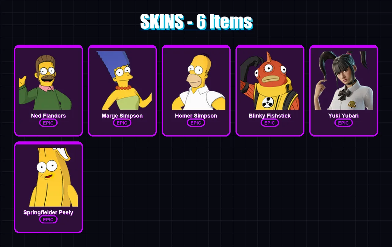 [PC/XBOX/PSN] | Ned Flanders | Marge Simpson | Homer Simpson | Blinky Fishstick | Yuki Yubari | 6 skin | 31 pickaxe | 15 emote | 22 glider | Lv289