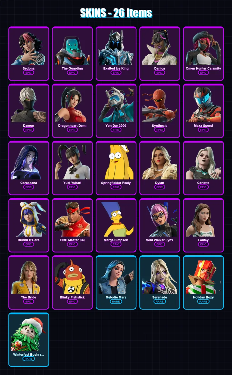 [PC/PSN] | Sedona | The Guardian | Exalted Ice King | Danica | Omen Hunter Calamity | 26 skin | 17 pickaxe | 10 emote | 11 glider | Lv37