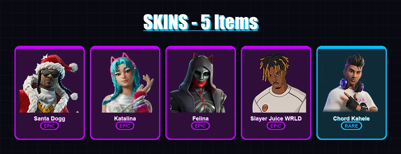 [PC/XBOX/PSN] | Santa Dogg | Katalina | Felina | Slayer Juice WRLD | Chord Kahele | 5 skin | 16 pickaxe | 7 emote | 10 glider | Lv96