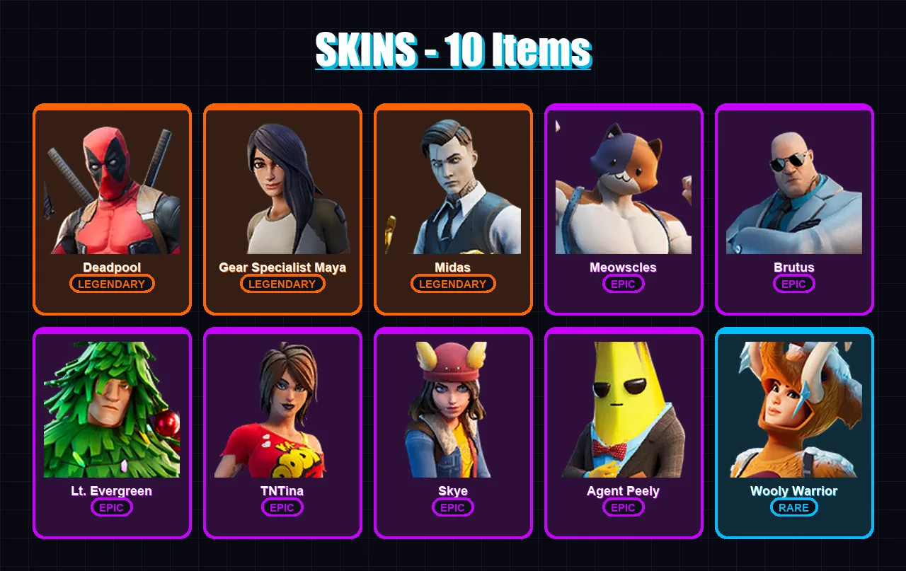 [PC/XBOX/PSN] | Deadpool | Gear Specialist Maya | Midas | Meowscles | Brutus | 10 skin | 14 pickaxe | 17 emote | 16 glider | Lv207