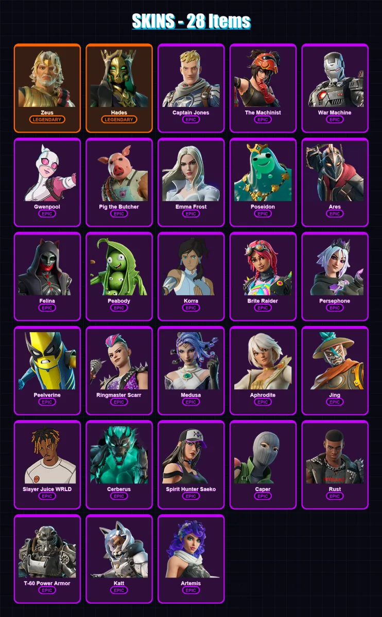 [PC/PSN] | Zeus | Hades | Captain Jones | The Machinist | War Machine | 28 skin | 44 pickaxe | 27 emote | 29 glider | Lv343 — Fortnite account