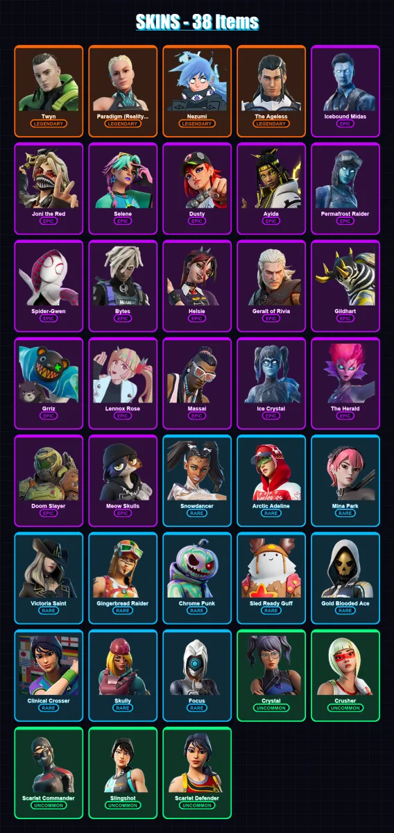 [PC/PSN] | Twyn | Paradigm (Reality-659) | Nezumi | The Ageless | Icebound Midas | 38 skin | 30 pickaxe | 40 emote | 24 glider | Lv392
