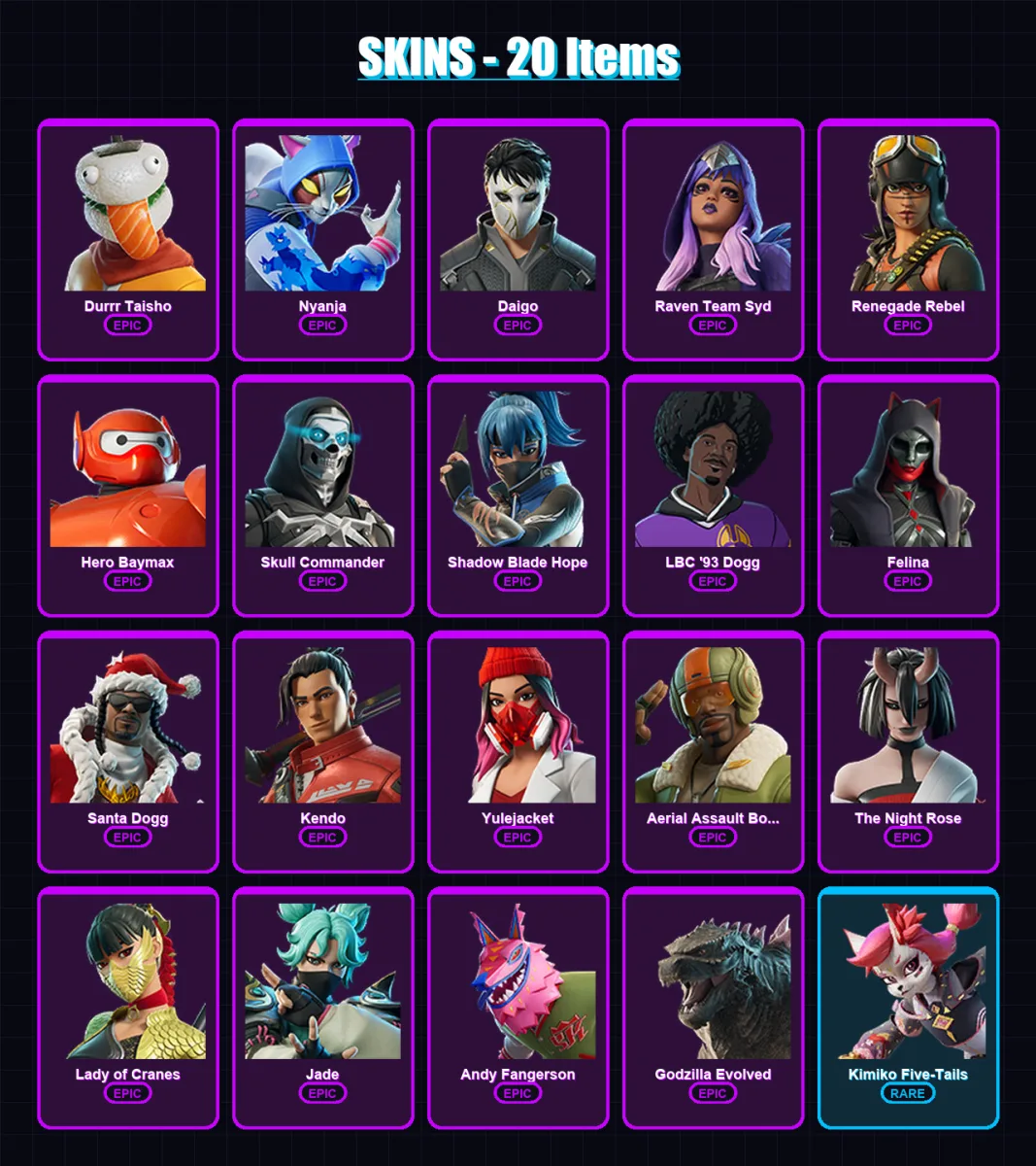 [PC/PSN] | Durrr Taisho | Nyanja | Daigo | Raven Team Syd | Renegade Rebel | 20 skin | 36 pickaxe | 25 emote | 21 glider | Lv305
