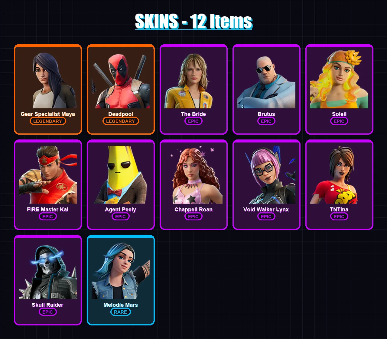 [PC/PSN] | Gear Specialist Maya | Deadpool | The Bride | Brutus | Soleil | 12 skin | 12 pickaxe | 8 emote | 9 glider | Lv70