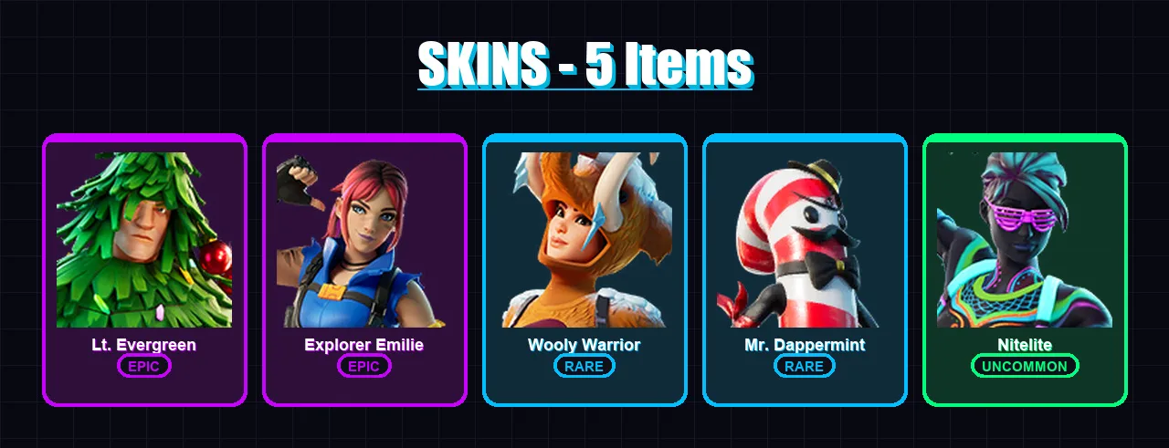 [SWITCH/XBOX/PSN/PC] | Lt. Evergreen | Explorer Emilie | Wooly Warrior | Mr. Dappermint | Nitelite | 5 skin | 6 pickaxe | 17 emote | 10 glider | Lv3