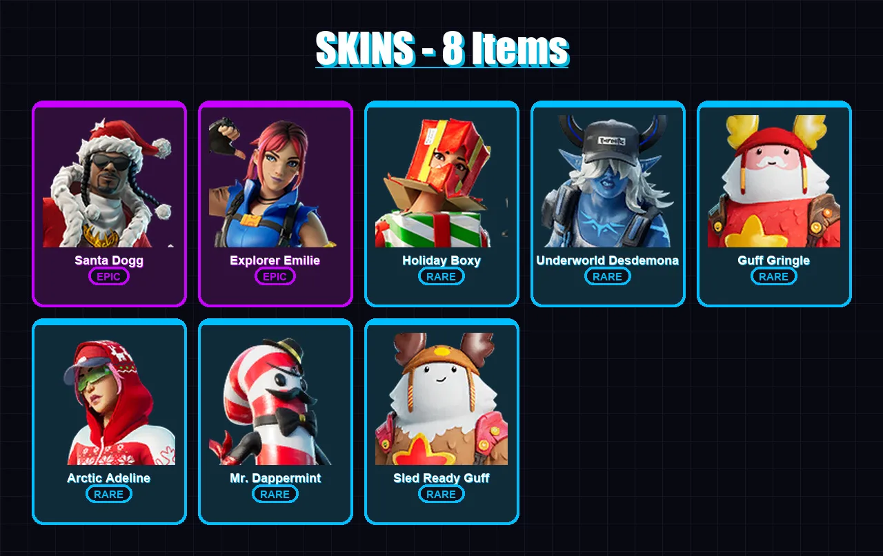 [PC/XBOX/PSN] | Santa Dogg | Explorer Emilie | Holiday Boxy | Underworld Desdemona | Guff Gringle | 8 skin | 25 pickaxe | 18 emote | 22 glider | Lv4