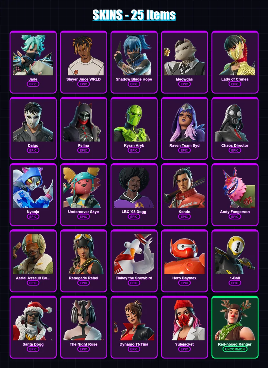 [PC/XBOX/PSN] | Jade | Slayer Juice WRLD | Shadow Blade Hope | Meowdas | Lady of Cranes | 25 skin | 39 pickaxe | 17 emote | 21 glider | Lv188
