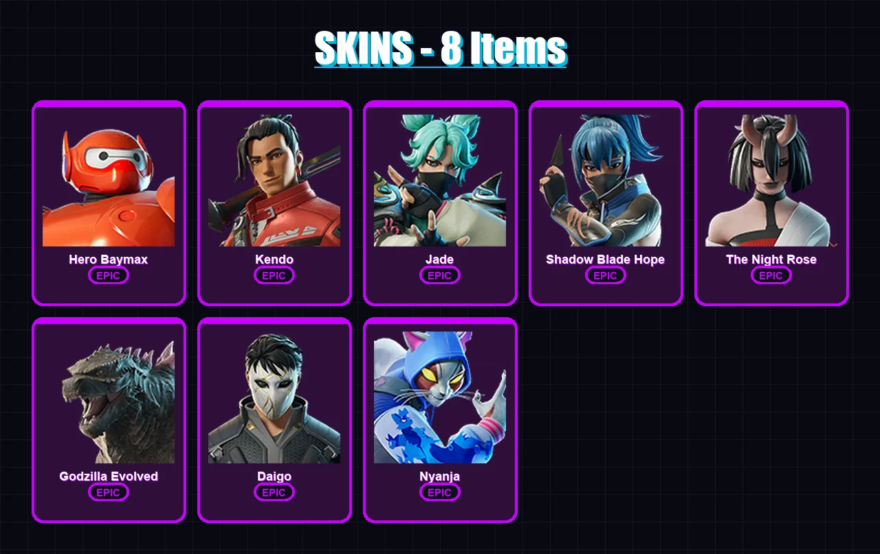 [PC/XBOX/PSN] | Hero Baymax | Kendo | Jade | Shadow Blade Hope | The Night Rose | 8 skin | 23 pickaxe | 13 emote | 18 glider | Lv192
