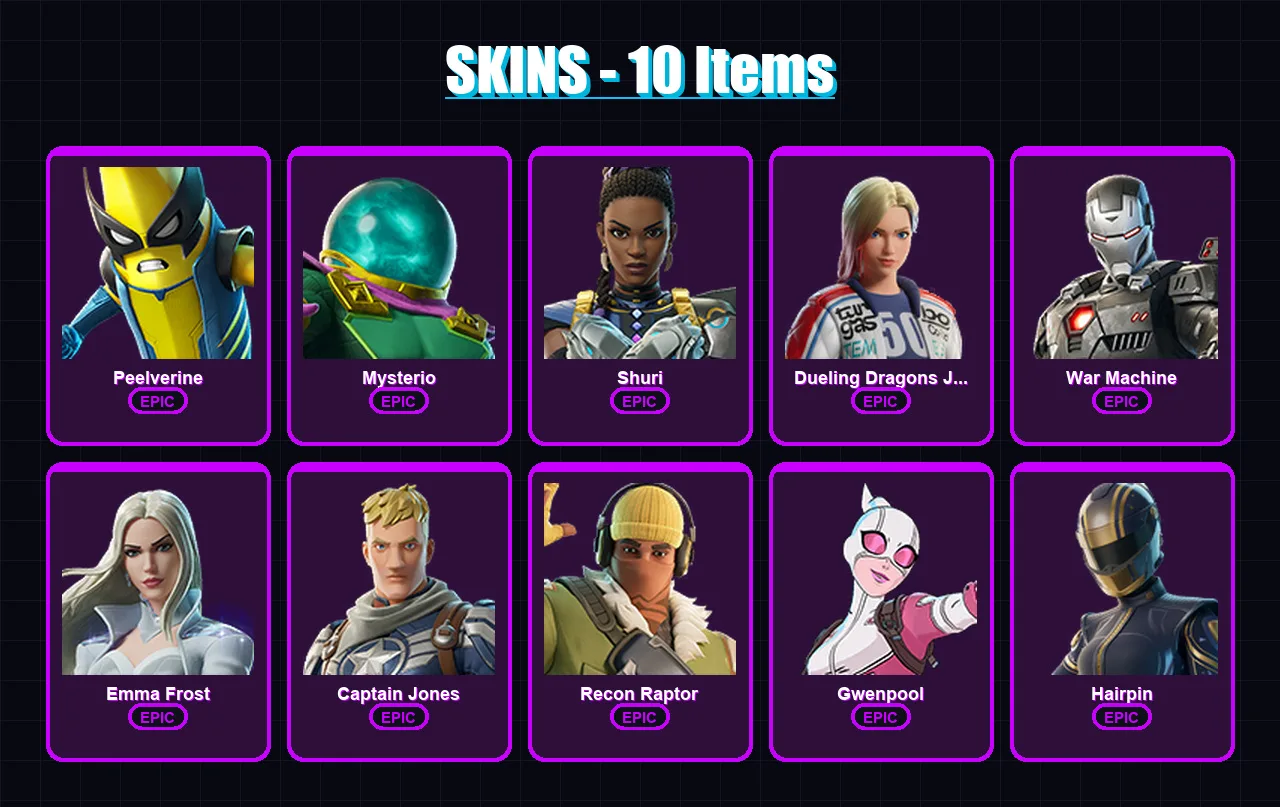 [PC/XBOX] | Peelverine | Mysterio | Shuri | Dueling Dragons Jackie | War Machine | 10 skin | 14 pickaxe | 12 emote | 14 glider | Lv201