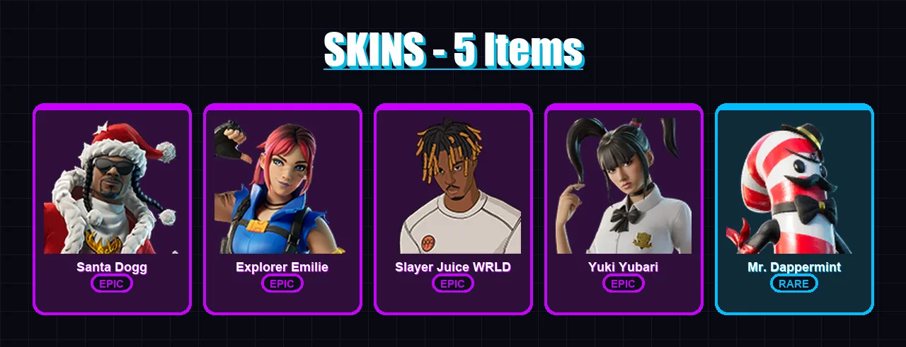 [PC] | Santa Dogg | Explorer Emilie | Slayer Juice WRLD | Yuki Yubari | Mr. Dappermint | 5 skin | 41 pickaxe | 18 emote | 27 glider | Lv405