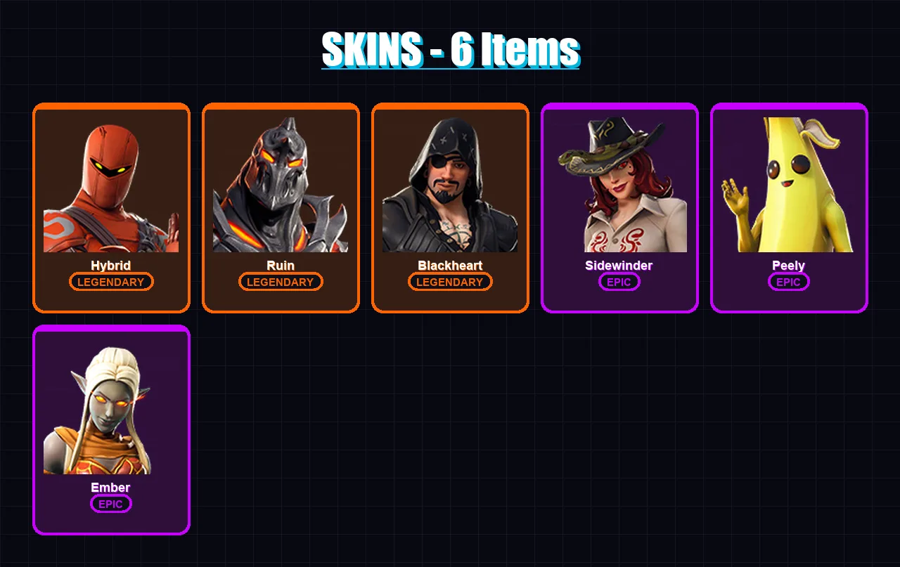 [PC/XBOX/PSN] | Hybrid | Ruin | Blackheart | Sidewinder | Peely | 6 skin | 6 pickaxe | 13 emote | 9 glider | Lv121