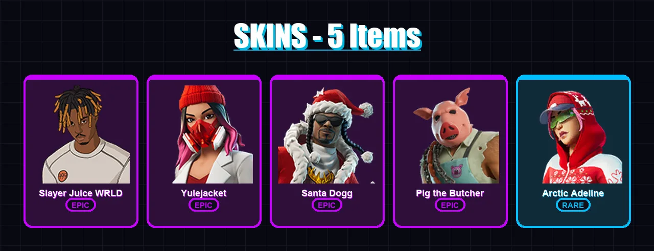[PC/XBOX/PSN] | Slayer Juice WRLD | Yulejacket | Santa Dogg | Pig the Butcher | Arctic Adeline | 5 skin | 31 pickaxe | 18 emote | 19 glider | Lv290 — Game account