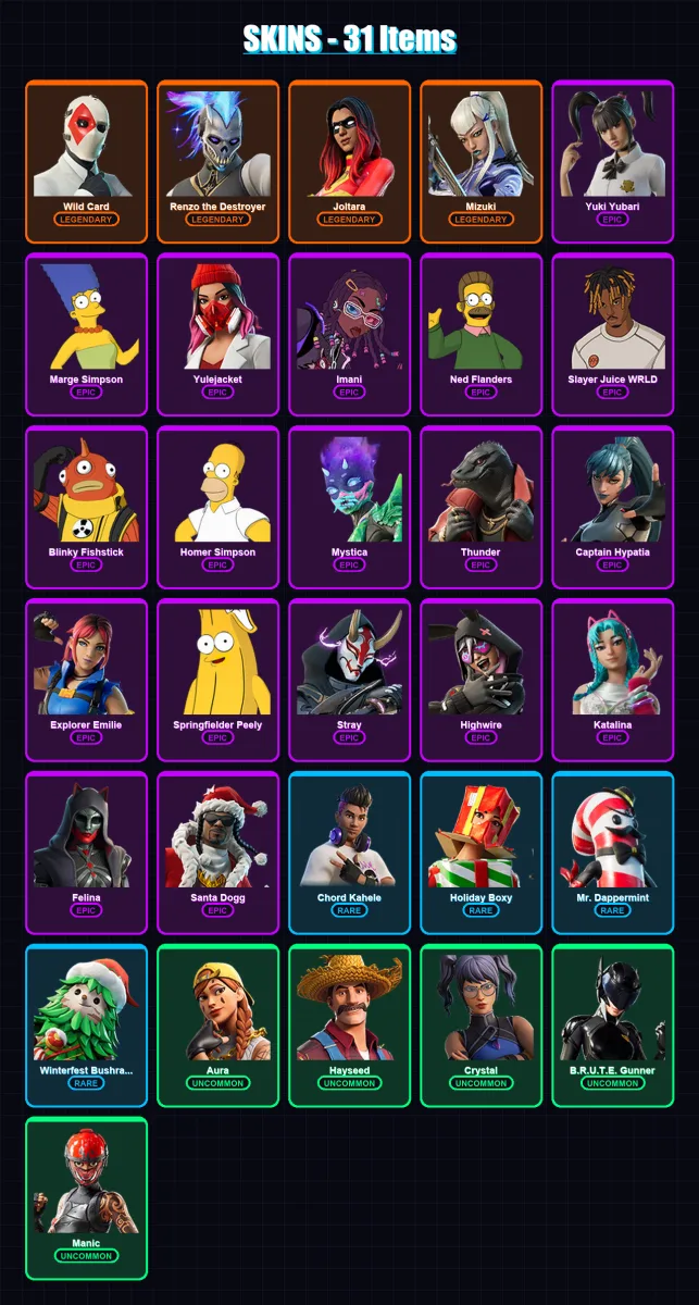 [PC/XBOX/PSN] | Wild Card | Renzo the Destroyer | Joltara | Mizuki | Yuki Yubari | 31 skin | 88 pickaxe | 49 emote | 65 glider | Lv1714