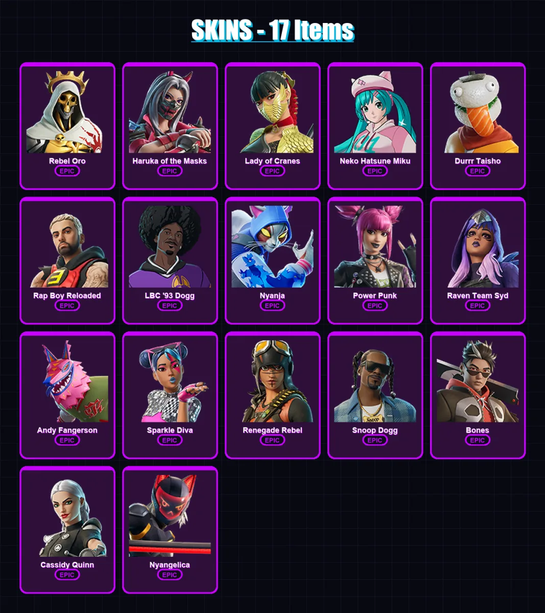 [PC/XBOX/PSN] | Rebel Oro | Haruka of the Masks | Lady of Cranes | Neko Hatsune Miku | Durrr Taisho | 17 skin | 11 pickaxe | 9 emote | 5 glider | Lv