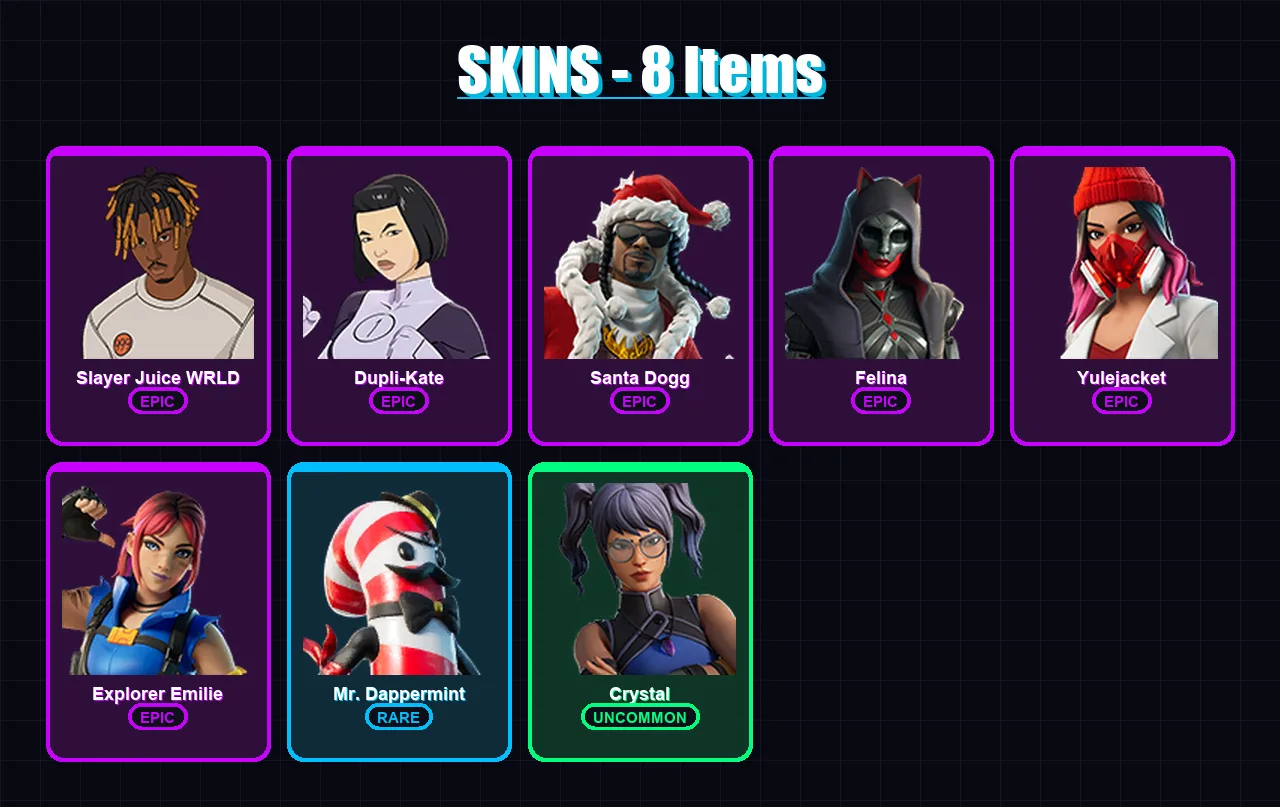 [PC/XBOX/PSN] | Slayer Juice WRLD | Dupli-Kate | Santa Dogg | Felina | Yulejacket | 8 skin | 35 pickaxe | 13 emote | 24 glider | Lv461