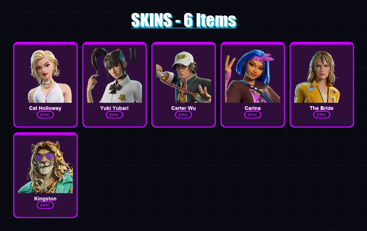 [PC/XBOX/PSN] | Cat Holloway | Yuki Yubari | Carter Wu | Carina | The Bride | 6 skin | 14 pickaxe | 11 emote | 11 glider | Lv79
