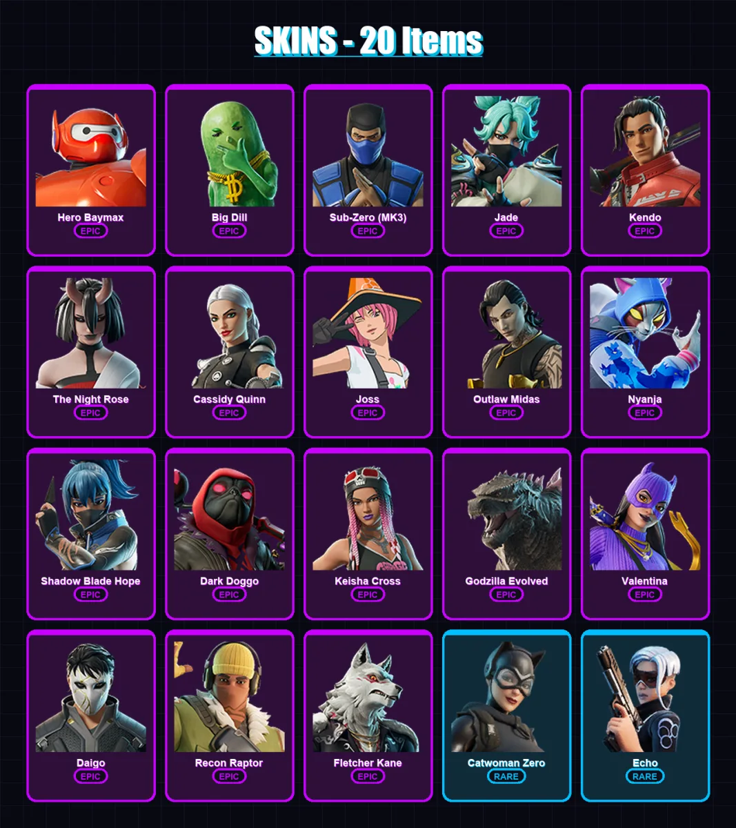 [PS4/PS5/XBOX/PC] | Hero Baymax | Big Dill | Sub-Zero (MK3) | Jade | Kendo | 20 skin | 28 pickaxe | 23 emote | 26 glider | Lv333