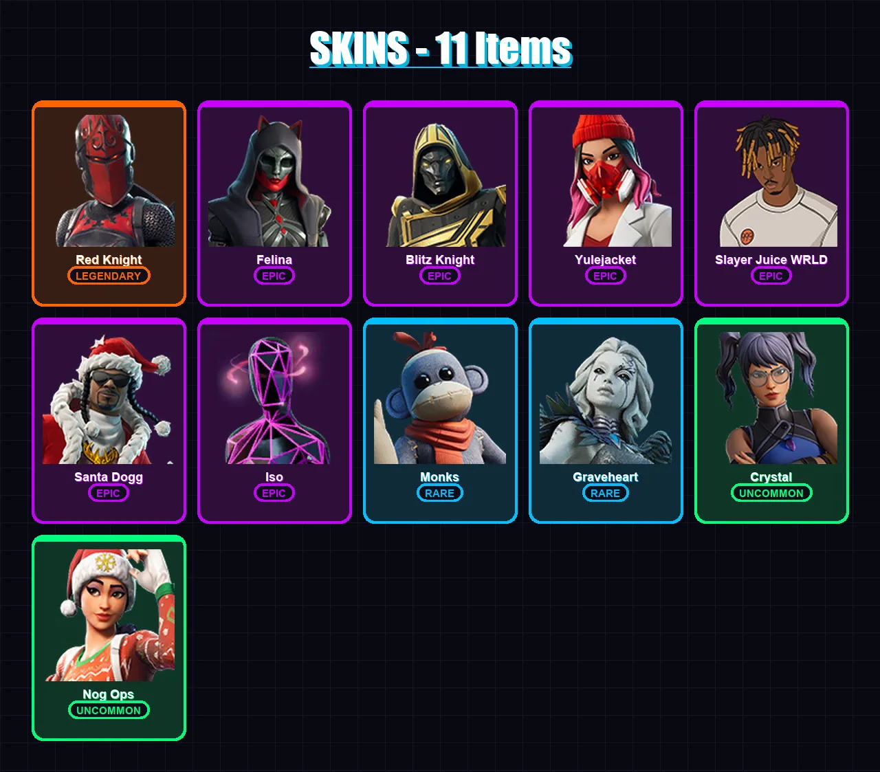 [PC/XBOX/PSN] | Red Knight | Felina | Blitz Knight | Yulejacket | Slayer Juice WRLD | 11 skin | 35 pickaxe | 13 emote | 21 glider | Lv400