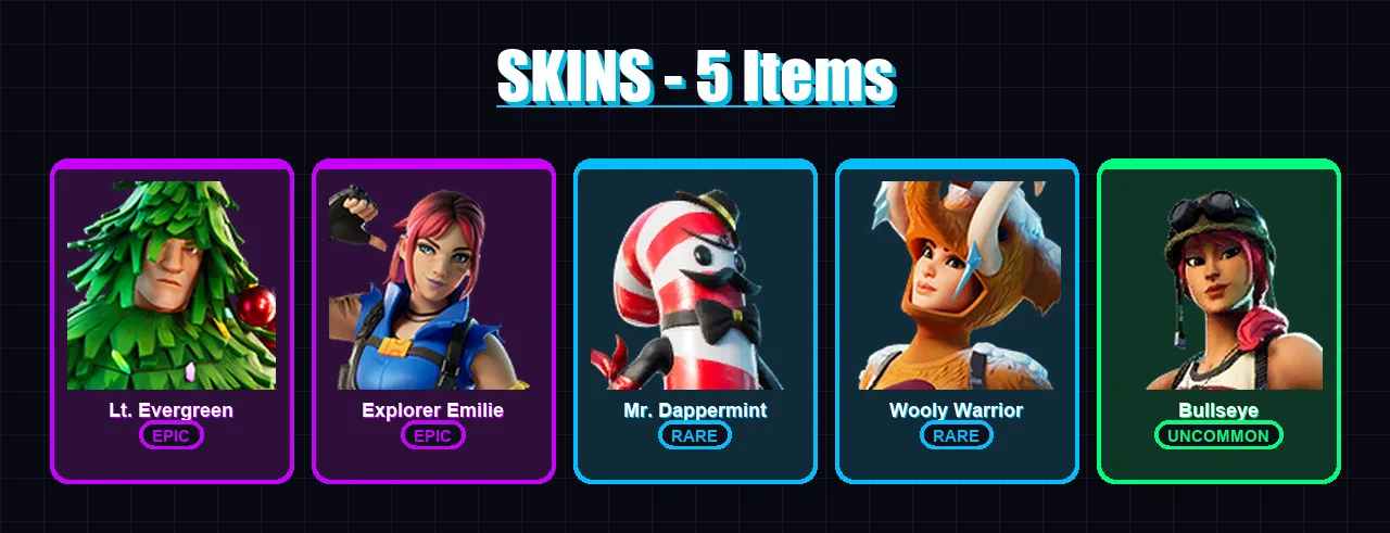 [PC/XBOX/PSN] | Lt. Evergreen | Explorer Emilie | Mr. Dappermint | Wooly Warrior | Bullseye | 5 skin | 3 pickaxe | 2 emote | 5 glider | Lv28