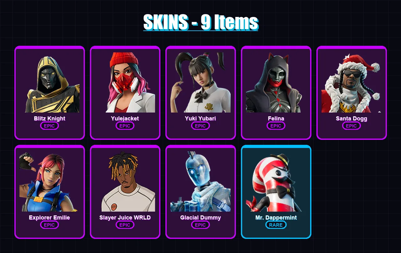 [PC/XBOX/PSN] | Blitz Knight | Yulejacket | Yuki Yubari | Felina | Santa Dogg | 9 skin | 62 pickaxe | 30 emote | 51 glider | Lv814