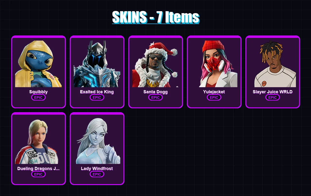 [PC/XBOX/PSN] | Squibbly | Exalted Ice King | Santa Dogg | Yulejacket | Slayer Juice WRLD | 7 skin | 29 pickaxe | 16 emote | 25 glider | Lv418