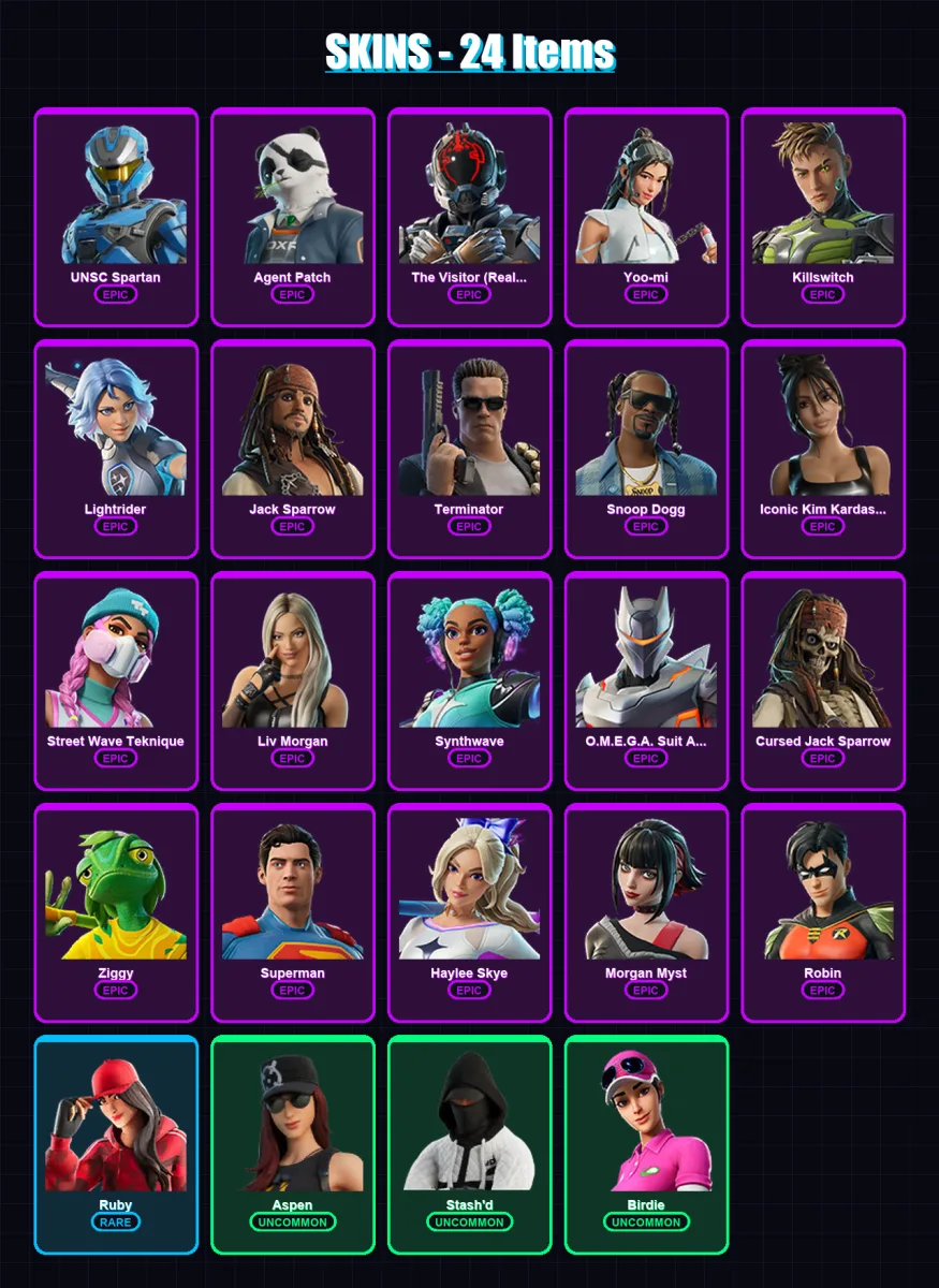 [PC/XBOX/PSN] | UNSC Spartan | Agent Patch | The Visitor (Reality Unknown) | Yoo-mi | Killswitch | 24 skin | 40 pickaxe | 21 emote | 31 glider | Lv2