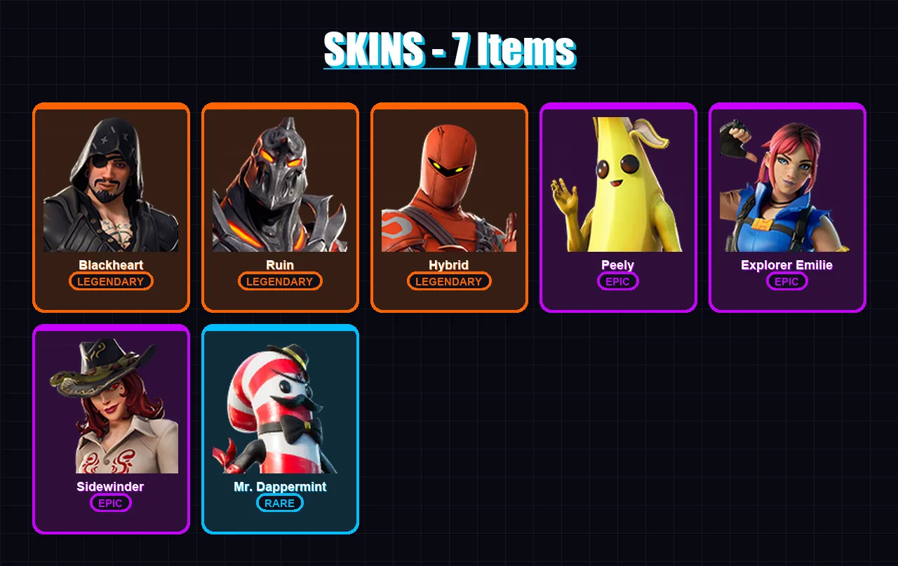 [PS4/PS5/XBOX/PC] | Blackheart | Ruin | Hybrid | Peely | Explorer Emilie | 7 skin | 10 pickaxe | 14 emote | 13 glider | Lv185