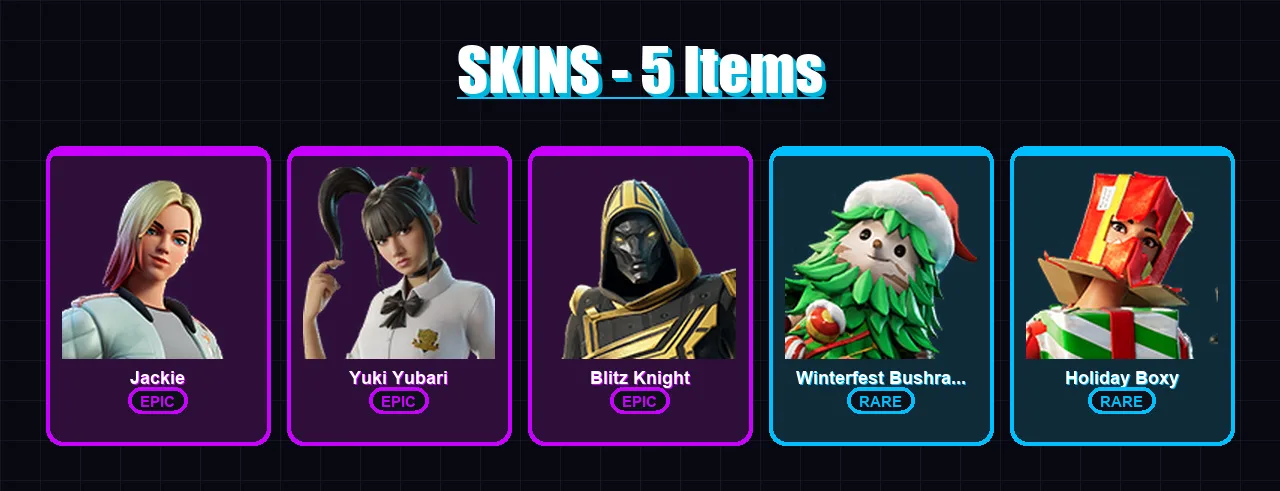 [PC/XBOX/PSN] | Jackie | Yuki Yubari | Blitz Knight | Winterfest Bushranger | Holiday Boxy | 5 skin | 32 pickaxe | 14 emote | 21 glider | Lv450