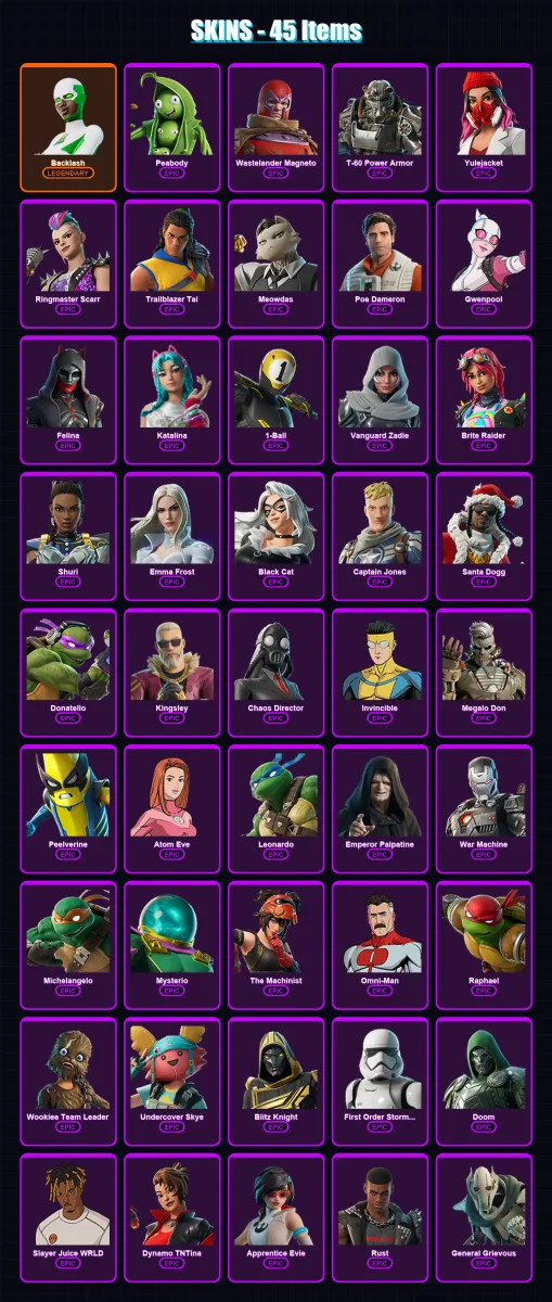 [PS4/PS5/XBOX/PC] | Backlash | Peabody | Wastelander Magneto | T-60 Power Armor | Yulejacket | 45 skin | 97 pickaxe | 47 emote | 55 glider | Lv837