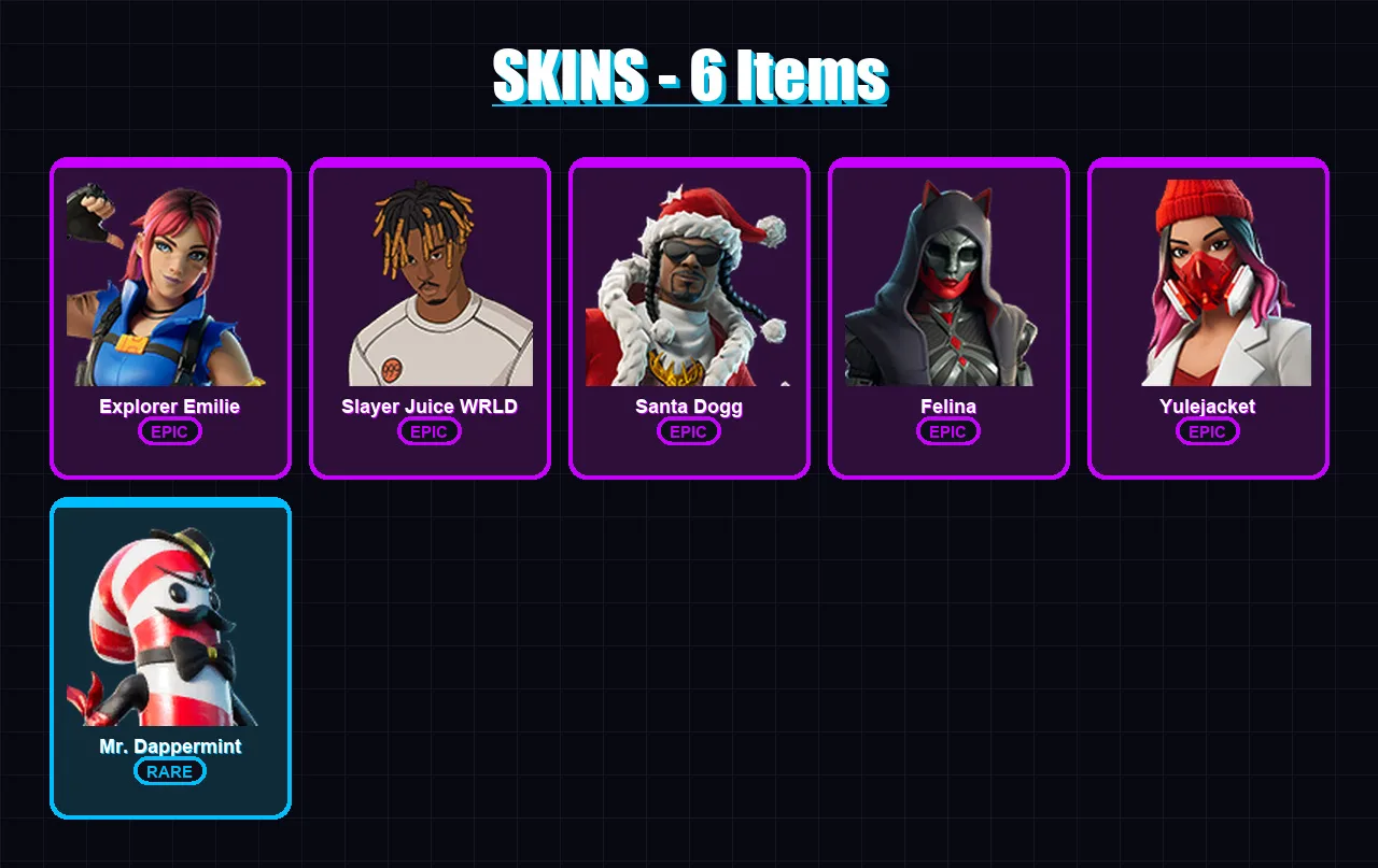 [PC/XBOX/PSN] | Explorer Emilie | Slayer Juice WRLD | Santa Dogg | Felina | Yulejacket | 6 skin | 24 pickaxe | 9 emote | 18 glider | Lv281
