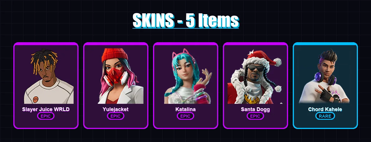 [PC/PSN] | Slayer Juice WRLD | Yulejacket | Katalina | Santa Dogg | Chord Kahele | 5 skin | 17 pickaxe | 6 emote | 10 glider | Lv141