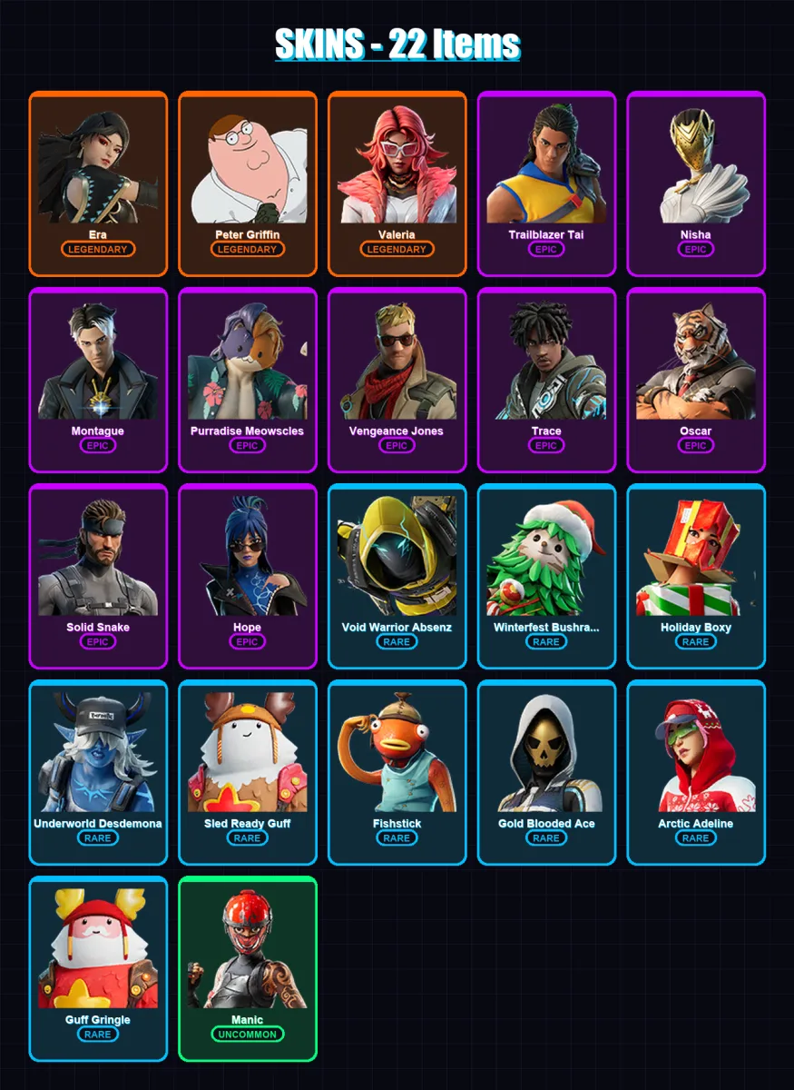 [PC/XBOX/PSN] | Era | Peter Griffin | Valeria | Trailblazer Tai | Nisha | 22 skin | 30 pickaxe | 23 emote | 23 glider | Lv328