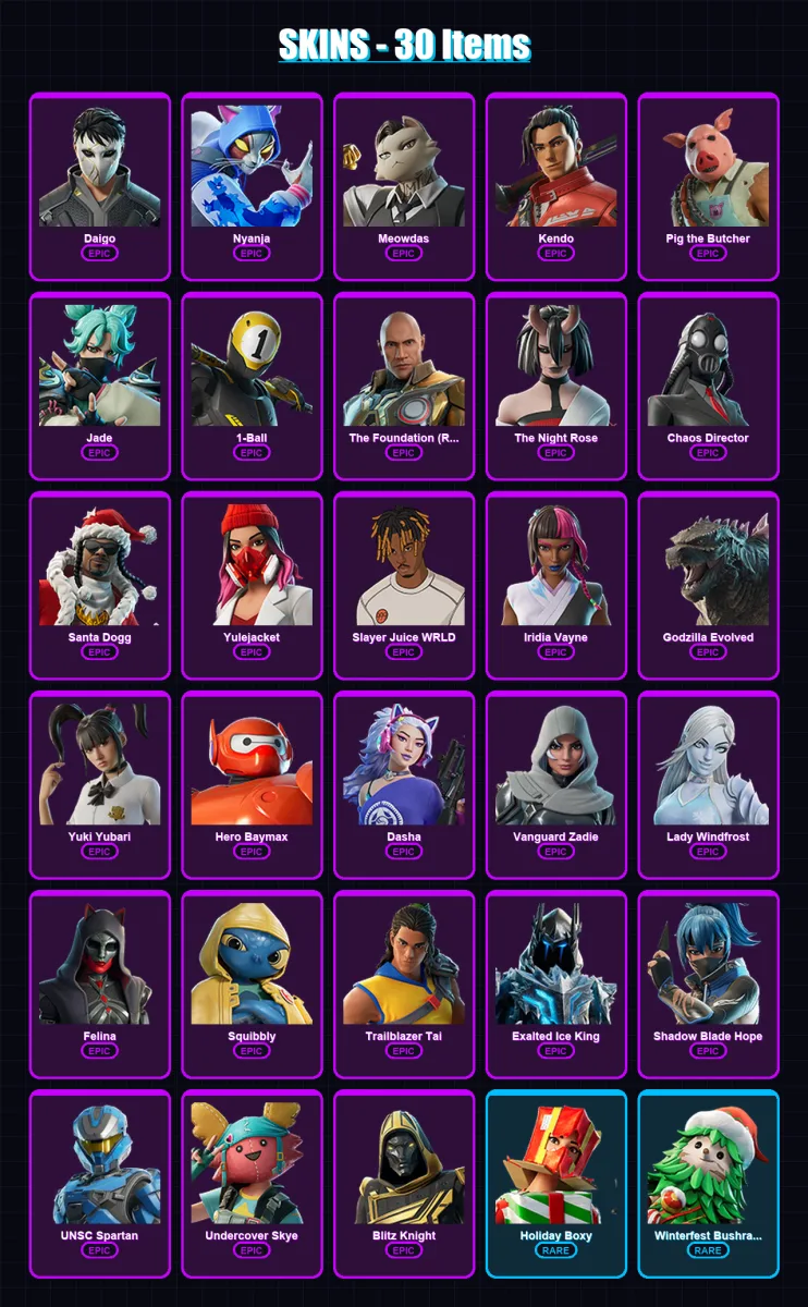 [PS4/PS5/XBOX/PC] | Daigo | Nyanja | Meowdas | Kendo | Pig the Butcher | 30 skin | 109 pickaxe | 53 emote | 71 glider | Lv1363