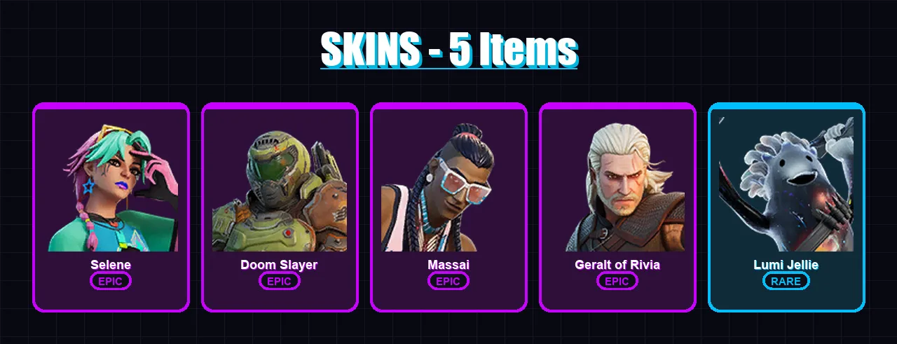 [PC/XBOX/PSN] | Selene | Doom Slayer | Massai | Geralt of Rivia | Lumi Jellie | 5 skin | 6 pickaxe | 6 emote | 7 glider | Lv42