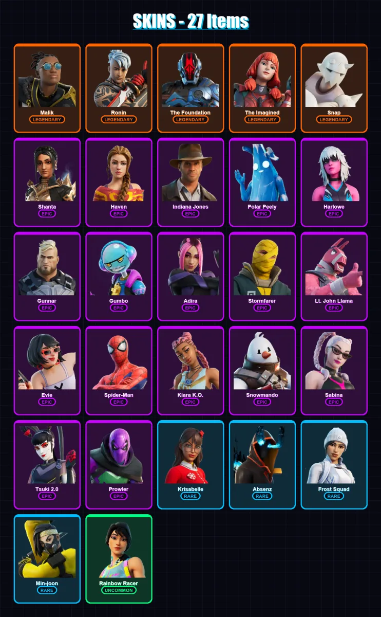 [PS4/PS5/XBOX/PC] | Malik | Ronin | The Foundation | The Imagined | Snap | 27 skin | 38 pickaxe | 23 emote | 36 glider | Lv631