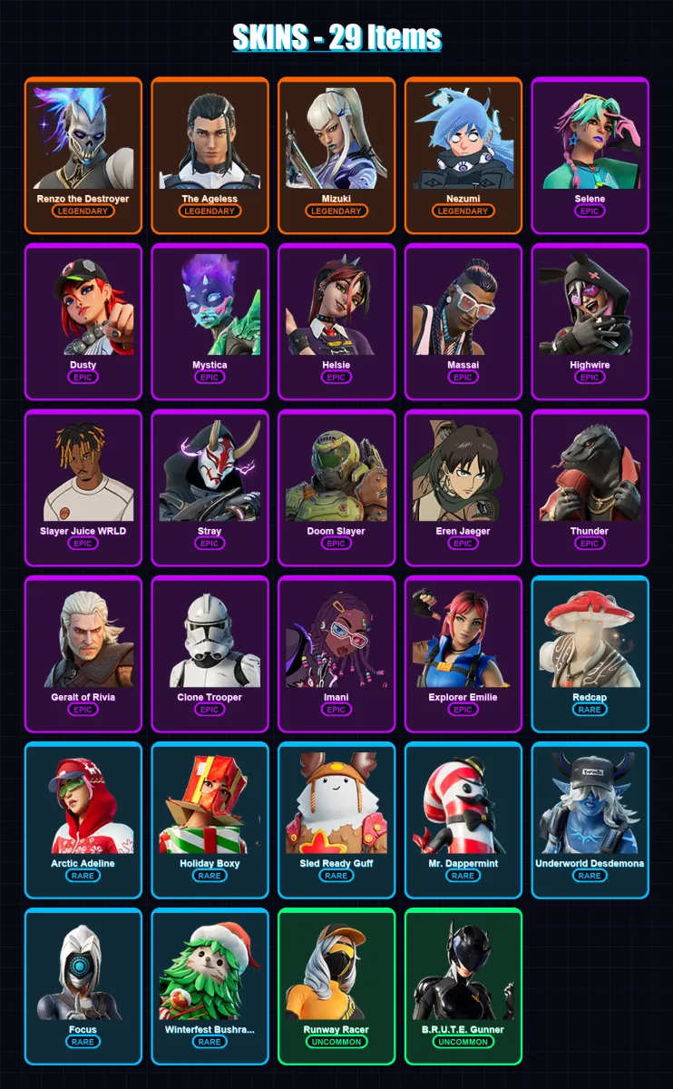 [PC/PSN] | Renzo the Destroyer | The Ageless | Mizuki | Nezumi | Selene | 29 skin | 44 pickaxe | 42 emote | 44 glider | Lv730