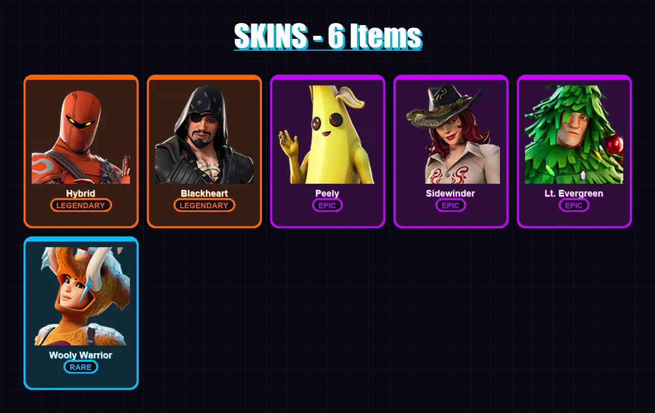 [PC/XBOX/PSN] | Hybrid | Blackheart | Peely | Sidewinder | Lt. Evergreen | 6 skin | 11 pickaxe | 30 emote | 15 glider | Lv311