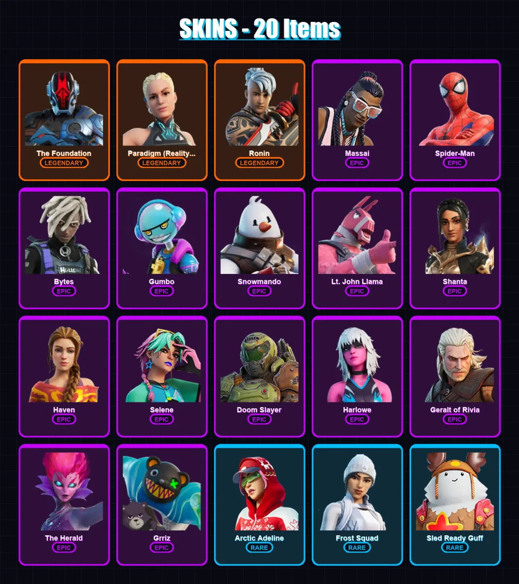 [PC/XBOX/PSN] | The Foundation | Paradigm (Reality-659) | Ronin | Massai | Spider-Man | 20 skin | 26 pickaxe | 19 emote | 27 glider | Lv362 — Fortnite account