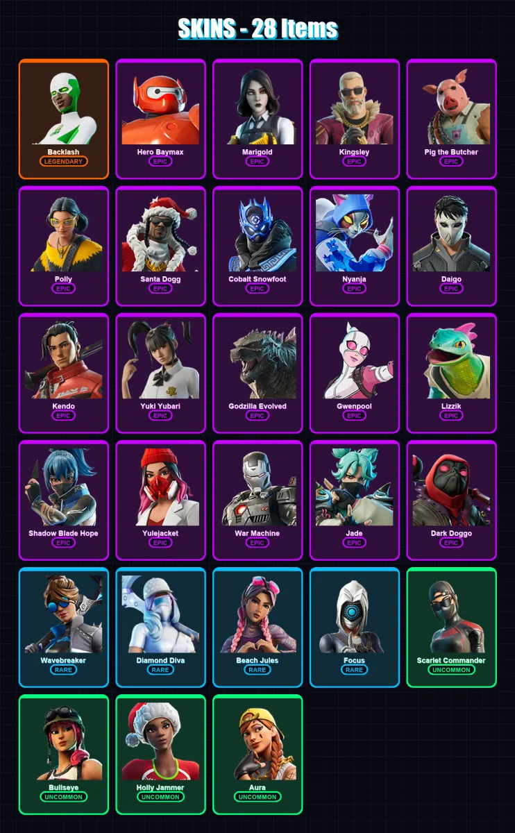 [PS4/PS5/PC] | Backlash | Hero Baymax | Marigold | Kingsley | Pig the Butcher | 28 skin | 46 pickaxe | 20 emote | 23 glider | Lv218